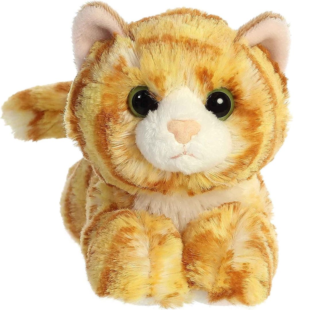 Straight-on front view of the soft orange tabby cat plush showing its white muzzle, pink nose, and dark eyes.