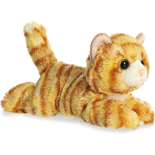 Angled front view of the 8-inch Aurora Mini Flopsie Ginger Cat stuffed animal lying down with a perky tail, showing its orange striped fur.