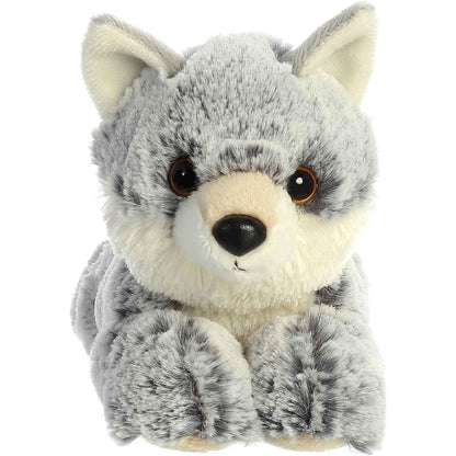 Front face view of the adorable Aurora Winter Wolf stuffed animal featuring sweet dark eyes, a black nose, pointed ears, and resting on its front paws.
