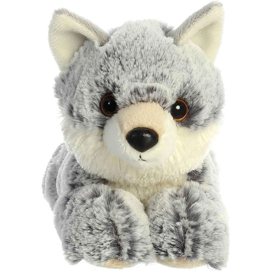 Front face view of the adorable Aurora Winter Wolf stuffed animal featuring sweet dark eyes, a black nose, pointed ears, and resting on its front paws.