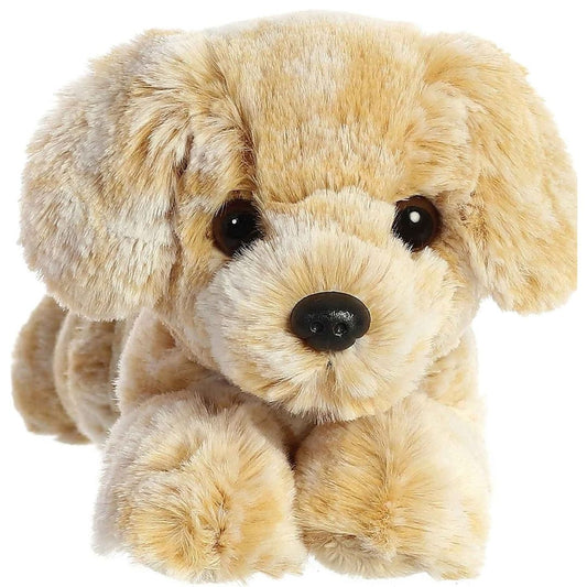 Straight-on front view of the golden retriever puppy stuffed animal highlighting its floppy ears, dark eyes, and black nose.