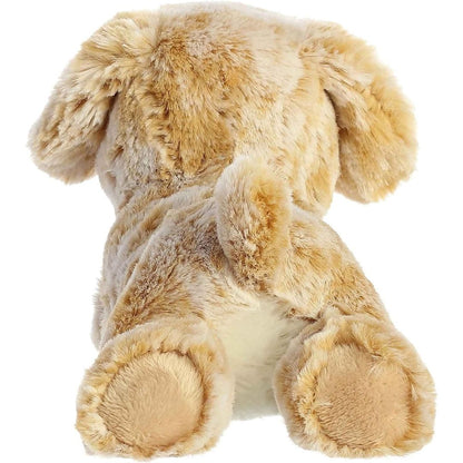Rear view of the dog plush from behind, showing its golden back, extended hind legs with smooth paws, and small upright tail.