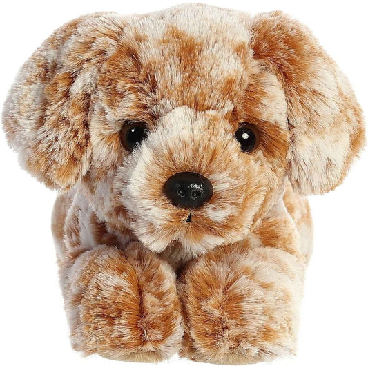 Straight-on front view of the Labradoodle puppy stuffed animal highlighting its floppy ears, dark eyes, and black nose.