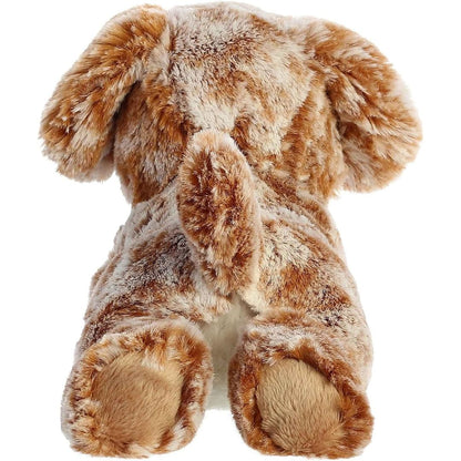 Rear view of the dog plush from behind, showing its mottled brown back, extended hind legs with smooth paw pads, and a small upright tail.