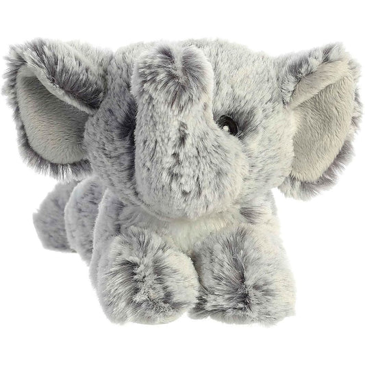 Straight-on front view of the elephant stuffed animal highlighting its large floppy ears, dark eyes, and extended front legs.