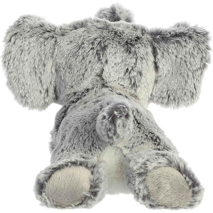 Rear view of the elephant plush showing its fuzzy grey back, large ears from behind, smooth footpads, and small tail.