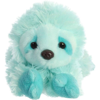 Straight-on front view of the mint green sloth stuffed animal highlighting its dark teal eye patches and sweet brown nose.