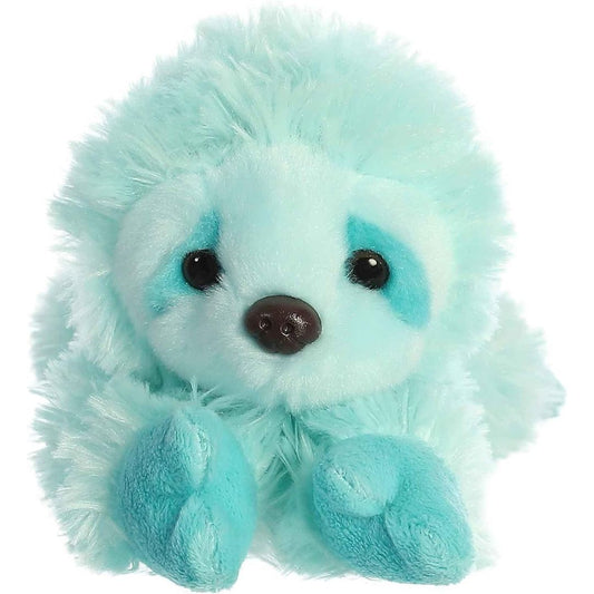 Straight-on front view of the mint green sloth stuffed animal highlighting its dark teal eye patches and sweet brown nose.