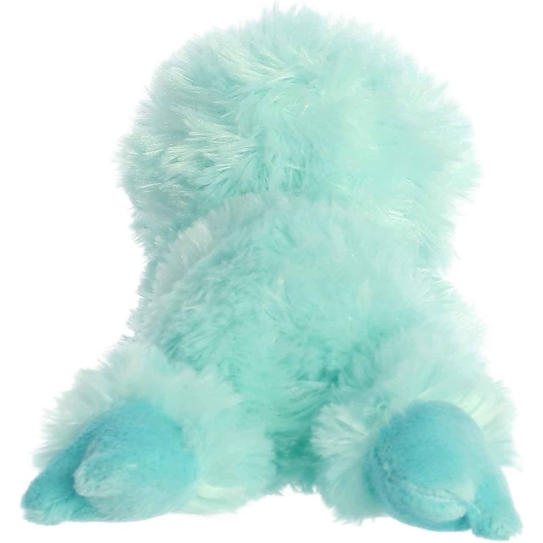 Rear view of the Minty Sloth plush showing its fluffy rounded back and extended teal hind paws.