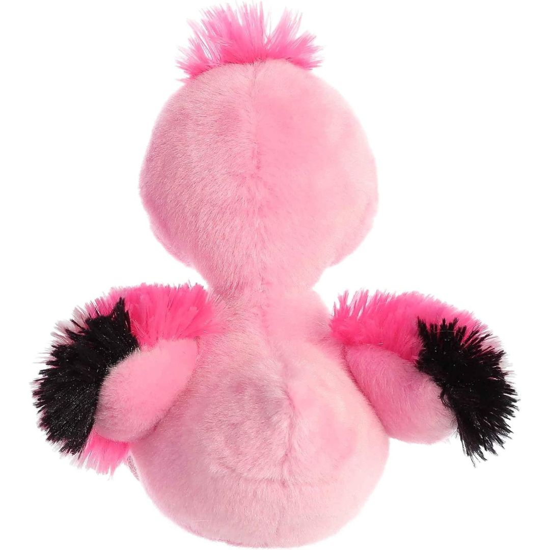 Rear view of the Fairy Flamingo plush highlighting the fluffy texture of its hot pink wings and rounded body.
