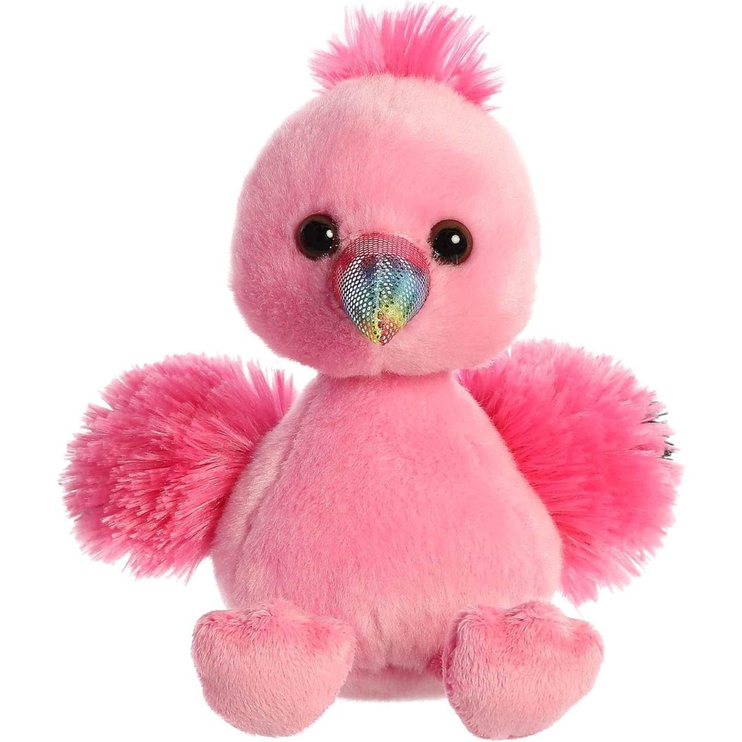 Straight-on front view of the Aurora Mini Flopsie Fairy Flamingo 8-inch plush sitting upright, featuring bright pink fur and a rainbow glitter beak.