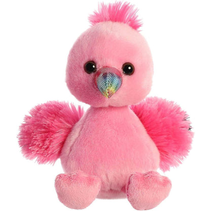 Straight-on front view of the Aurora Mini Flopsie Fairy Flamingo 8-inch plush sitting upright, featuring bright pink fur and a rainbow glitter beak.