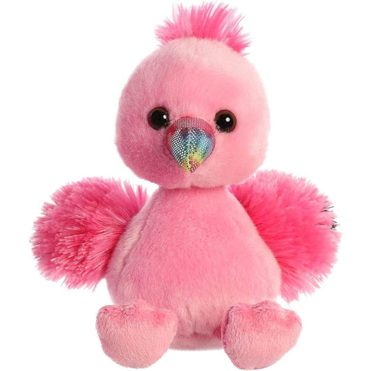 Straight-on front view of the Aurora Mini Flopsie Fairy Flamingo 8-inch plush sitting upright, featuring bright pink fur and a rainbow glitter beak.