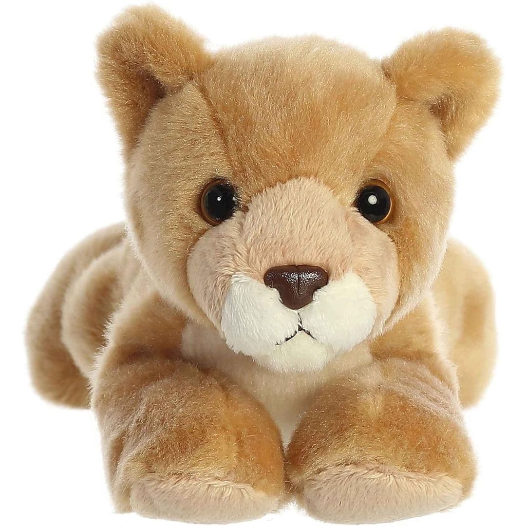 Straight-on front view of the lioness cub stuffed animal highlighting its sweet cream muzzle, brown nose, and dark eyes.