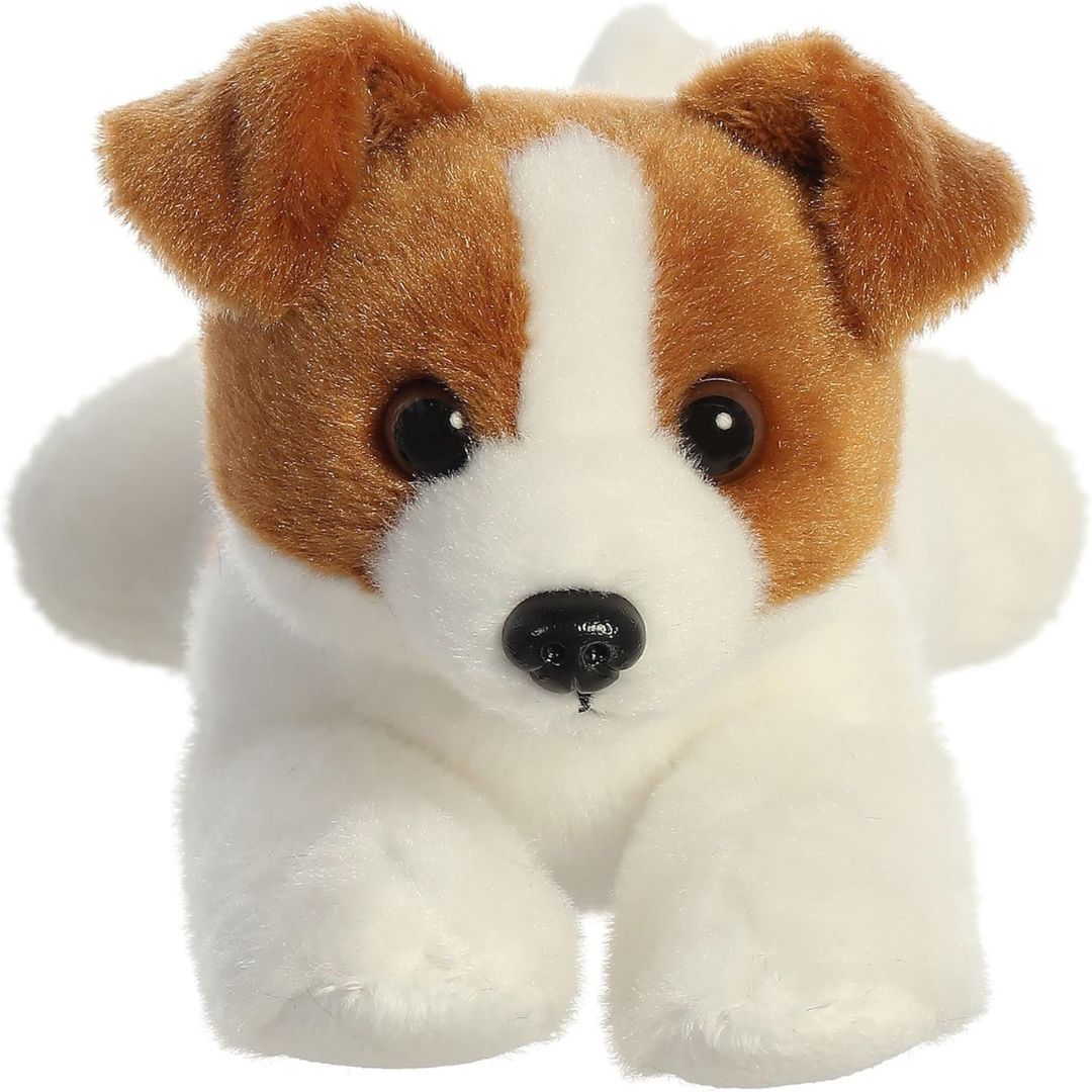 Straight-on front view of the terrier pup stuffed animal highlighting its sweet dark eyes, white blaze, and floppy brown ears.