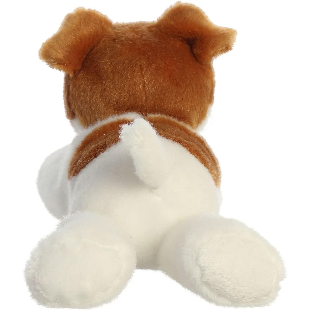 Rear view of the Jackie Russell plush showing its white back, a brown patch, and a cute perky white tail.