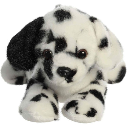 Direct front view of the soft black and white spotted plush dalmatian lying down.