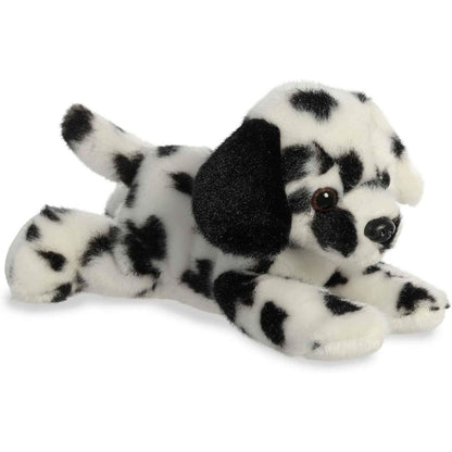 Angled side profile view of the 8-inch Aurora Mini Flopsie Dipper Dalmatian plush resting on its belly.
