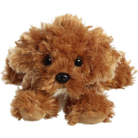 Straight-on front view of the soft Cockapoo plush showing its sweet face, dark eyes, and black nose.