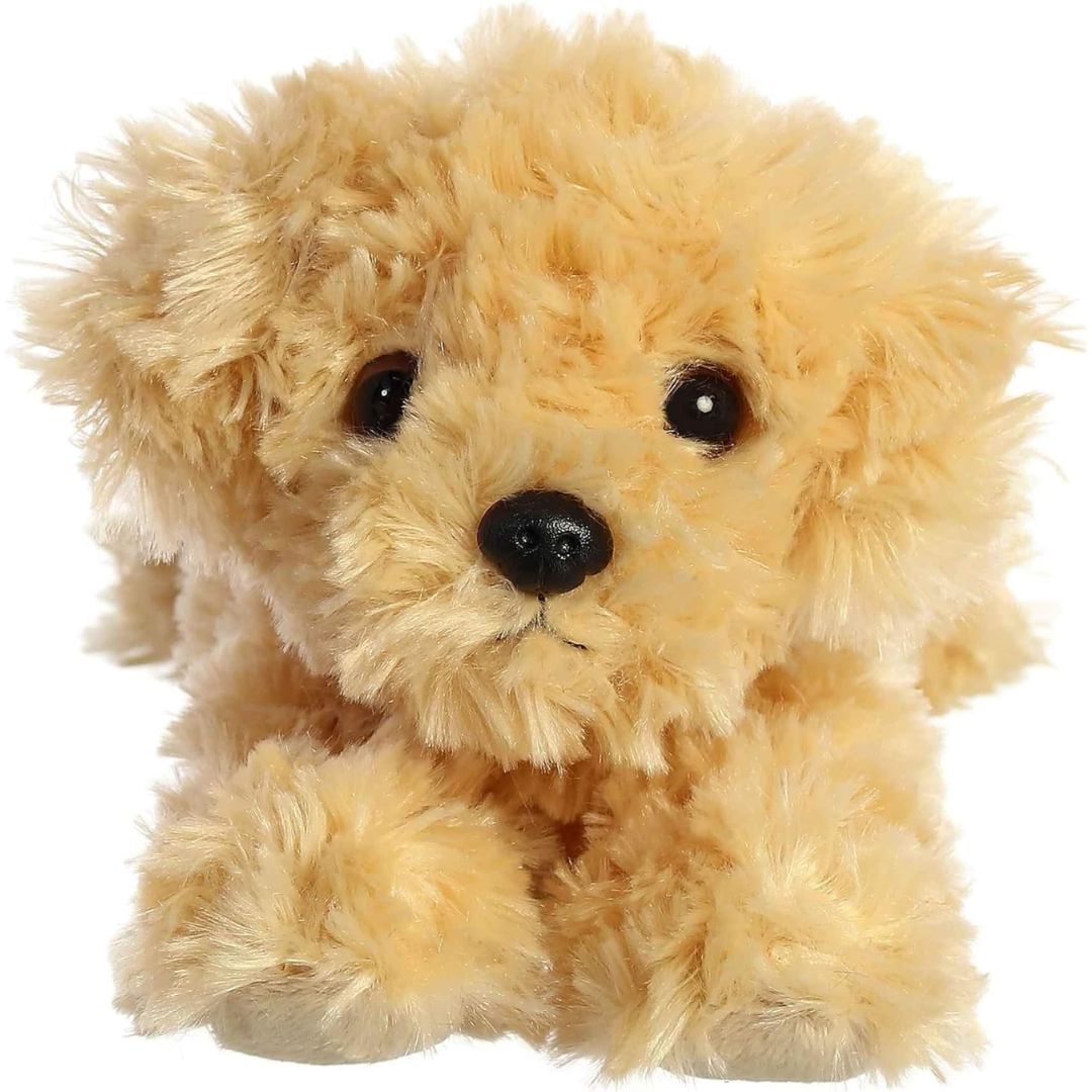 Straight-on front view of the soft Goldendoodle plush showing its sweet face, dark eyes, and black nose.