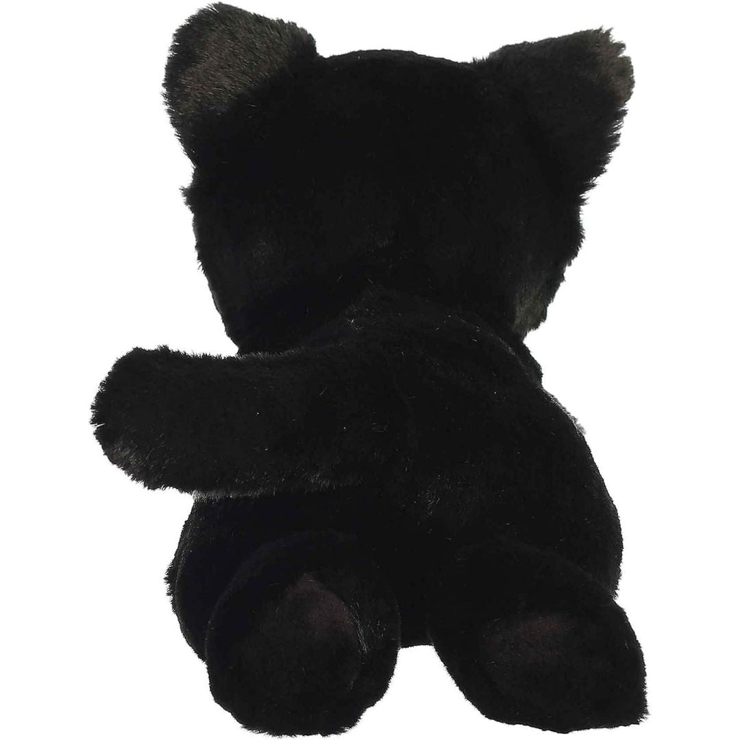 Back view of the cuddly Mini Flopsie black cat stuffed animal showing its ears and long tail.