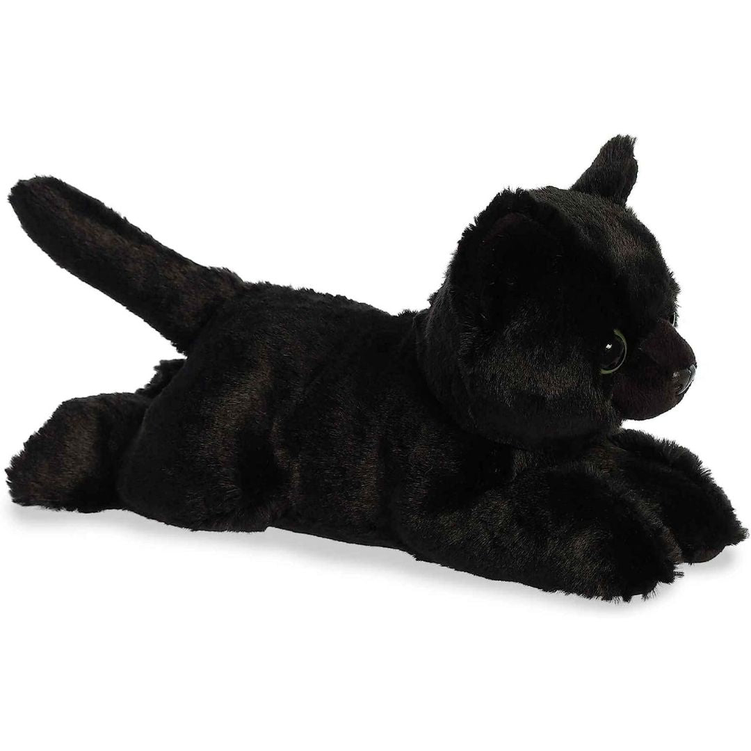 Angled side profile view of the 8-inch Aurora Mini Flopsie Twilight Cat plush resting on its belly.
