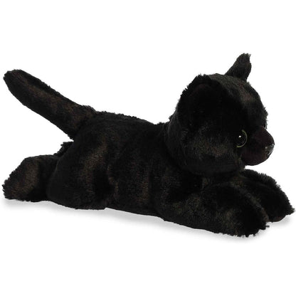 Angled side profile view of the 8-inch Aurora Mini Flopsie Twilight Cat plush resting on its belly.