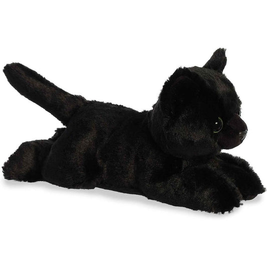 Angled side profile view of the 8-inch Aurora Mini Flopsie Twilight Cat plush resting on its belly.