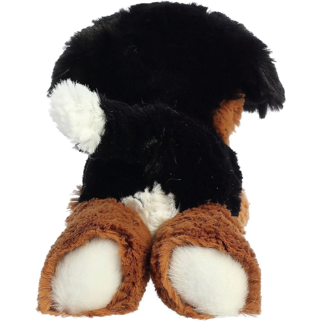 Back view of the cuddly Mini Flopsie Bernese Mountain Dog highlighting its white-tipped tail and paws.