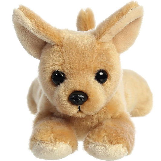 Straight-on front view of the tan chihuahua stuffed animal highlighting its large erect ears, dark eyes, and black button nose.
