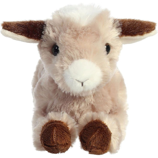 Straight-on front view of the goat stuffed animal highlighting its sweet white muzzle, head patch, and long floppy ears.
