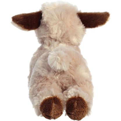 Rear view of the Paisley Goat plush showing its soft back, rear brown hooves, and a small upright stubby tail.