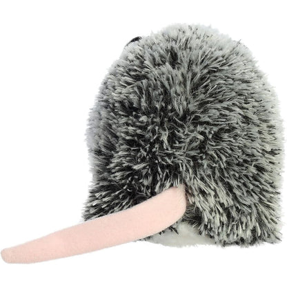 Direct back view of the grey and black textured Mini Flopsie opossum highlighting its long pink tail.