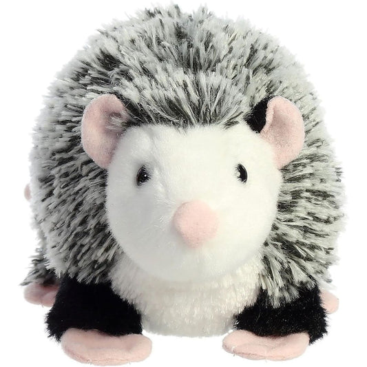 Straight-on front view of the soft Aurora plush opossum showing its white face and pink nose.