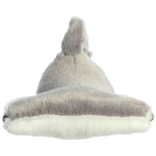 Direct front view of the soft grey hammerhead shark stuffed animal showing its wide head.