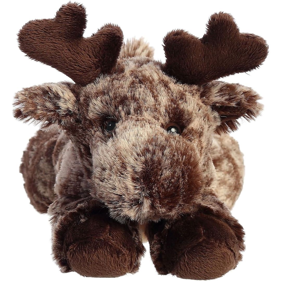 Front view of the adorable Aurora Maia Moose stuffed animal featuring a sweet face, fuzzy dark antlers, and dark brown hooves.