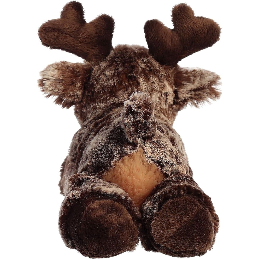 Back view of the Mini Flopsie Moose plush toy highlighting its speckled fur pattern, floppy hind legs, and a cute little tail.