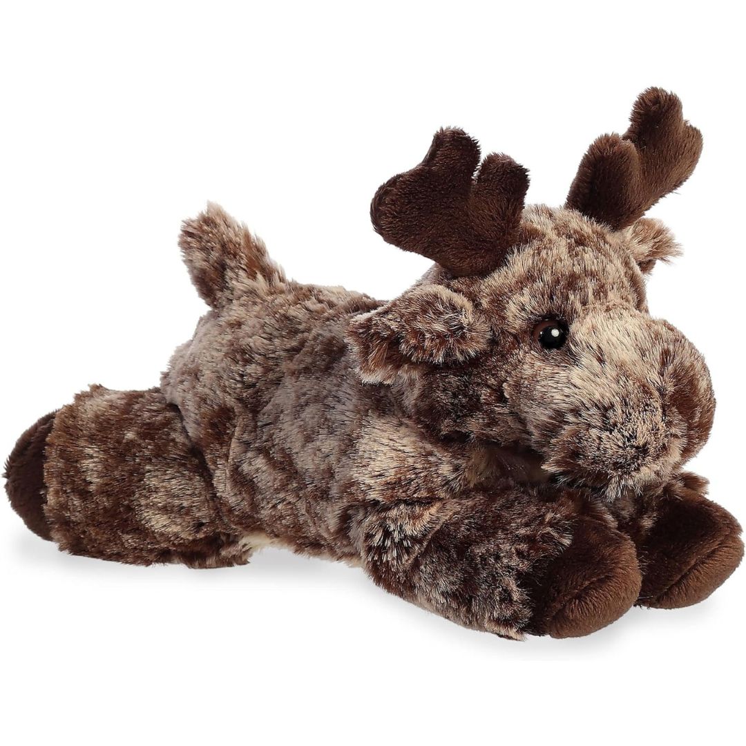 Angled view of the Aurora Mini Flopsie 8-inch Maia Moose plush showing its mottled brown fur, dark brown antlers, and resting pose.