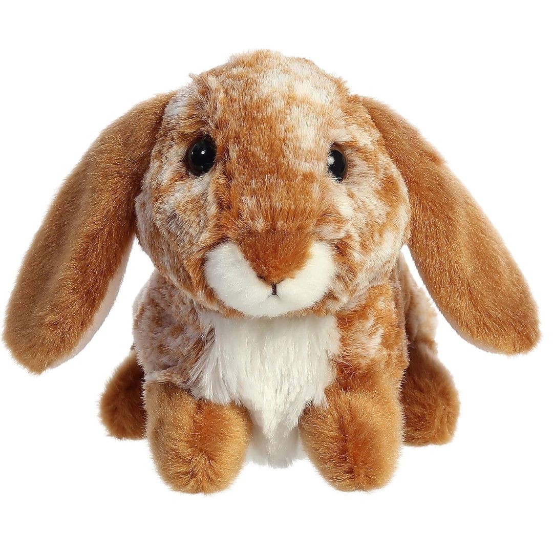 Front view of the adorable Aurora Lopso Rabbit stuffed animal featuring long drooping brown ears, dark sweet eyes, and a white snout.