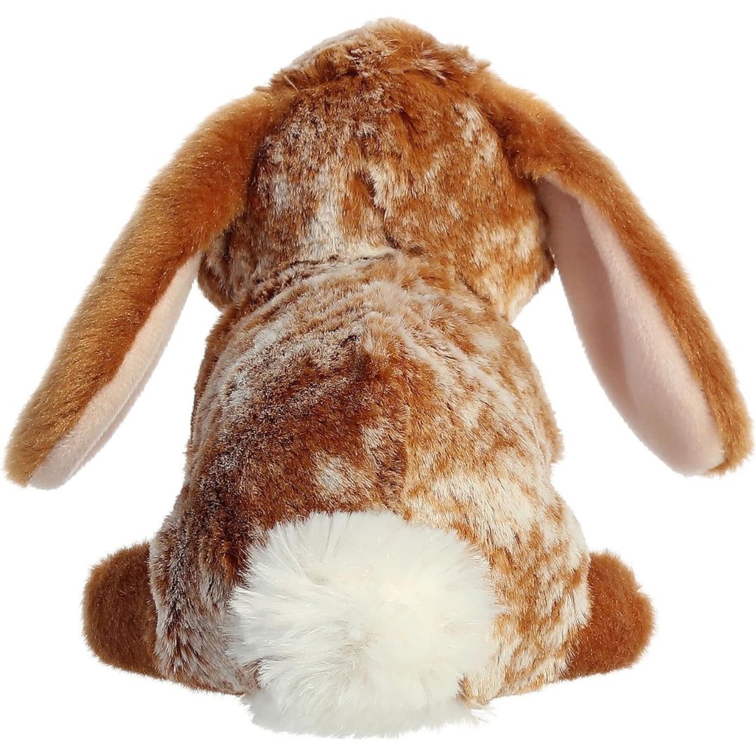 Back view of the Mini Flopsie Bunny plush toy highlighting its speckled fur pattern across its back and a fluffy white cotton-ball tail.