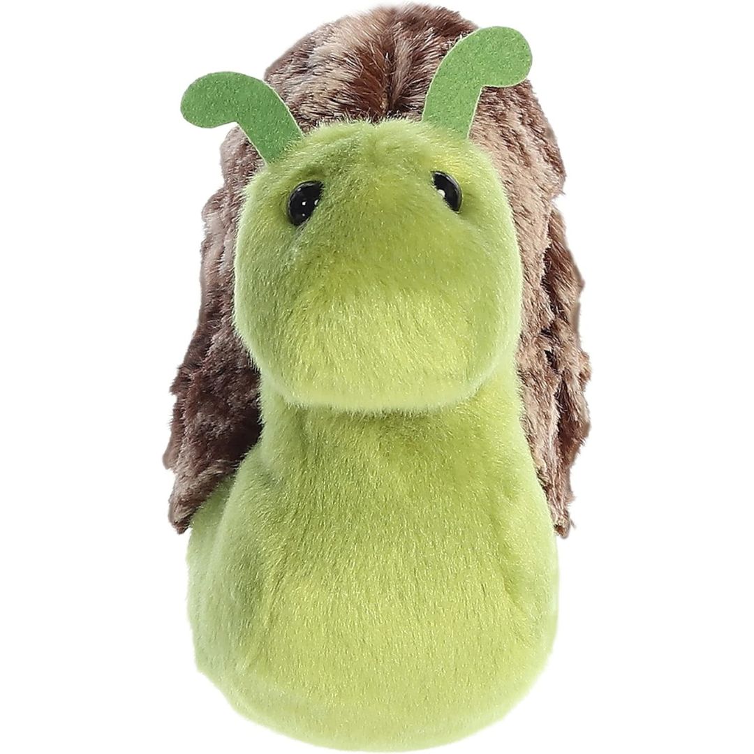 Straight-on front view of the snail stuffed animal highlighting its sweet face, dark eyes, and soft green feelers.