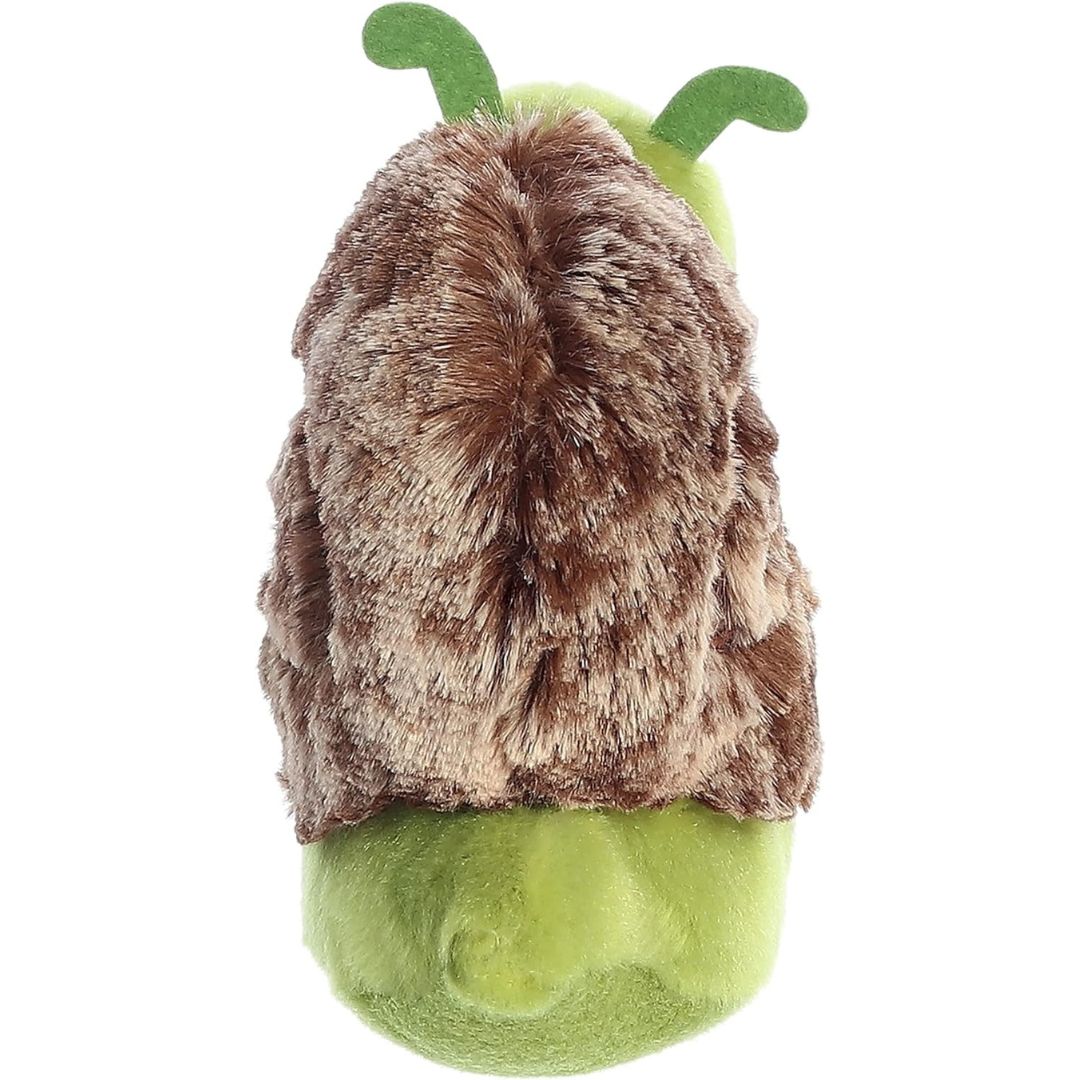 Rear view of the Slow Snail plush showing the round plush texture of its brown shell and green tail end.