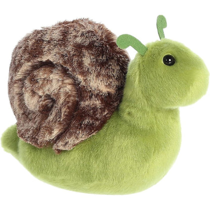 Angled side view of the Aurora Mini Flopsie Slow Snail 8-inch plush featuring a vibrant green body and a marbled brown swirled shell.