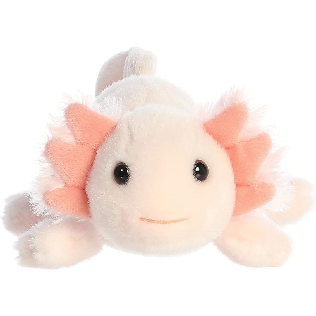 Straight-on front view of the axolotl stuffed animal highlighting its sweet face, dark eyes, and feathery pink gills.