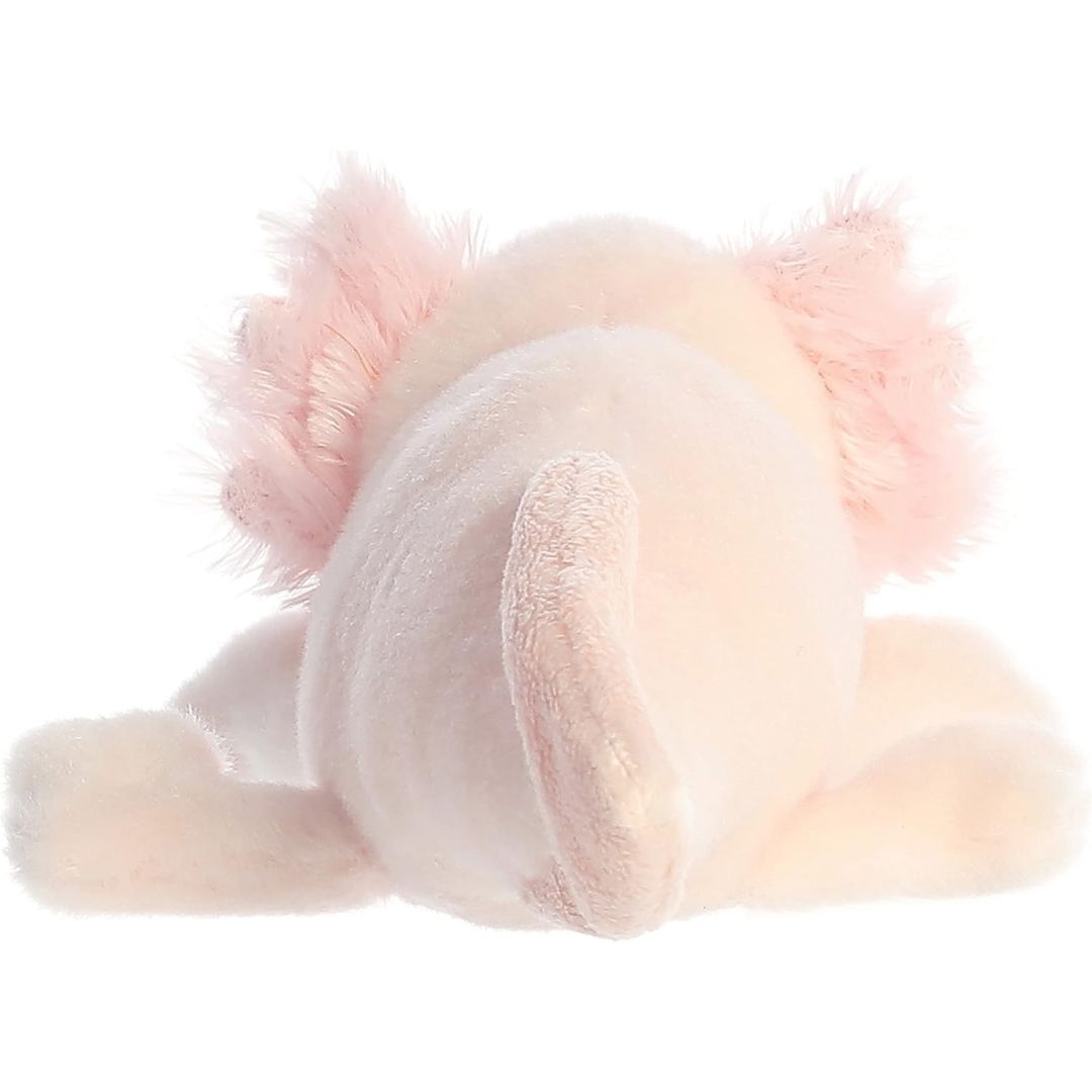 Rear view of the Axel Axolotl plush showing its smooth back, little pink feet, and flat aquatic tail fin.