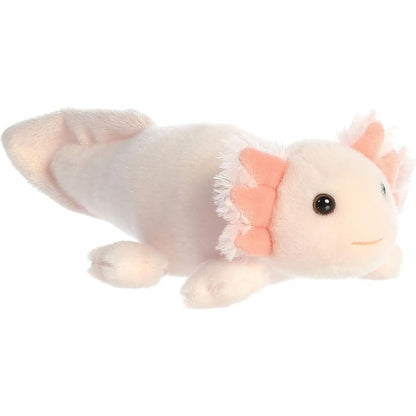 Angled side view of the Aurora Mini Flopsie Axel Axolotl 8-inch plush resting on its belly, featuring soft blush pink fur.
