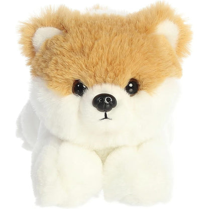 Front view of the adorable Aurora Pom the Pup stuffed animal featuring a sweet face, dark eyes, tan ears, and a cute black button nose.