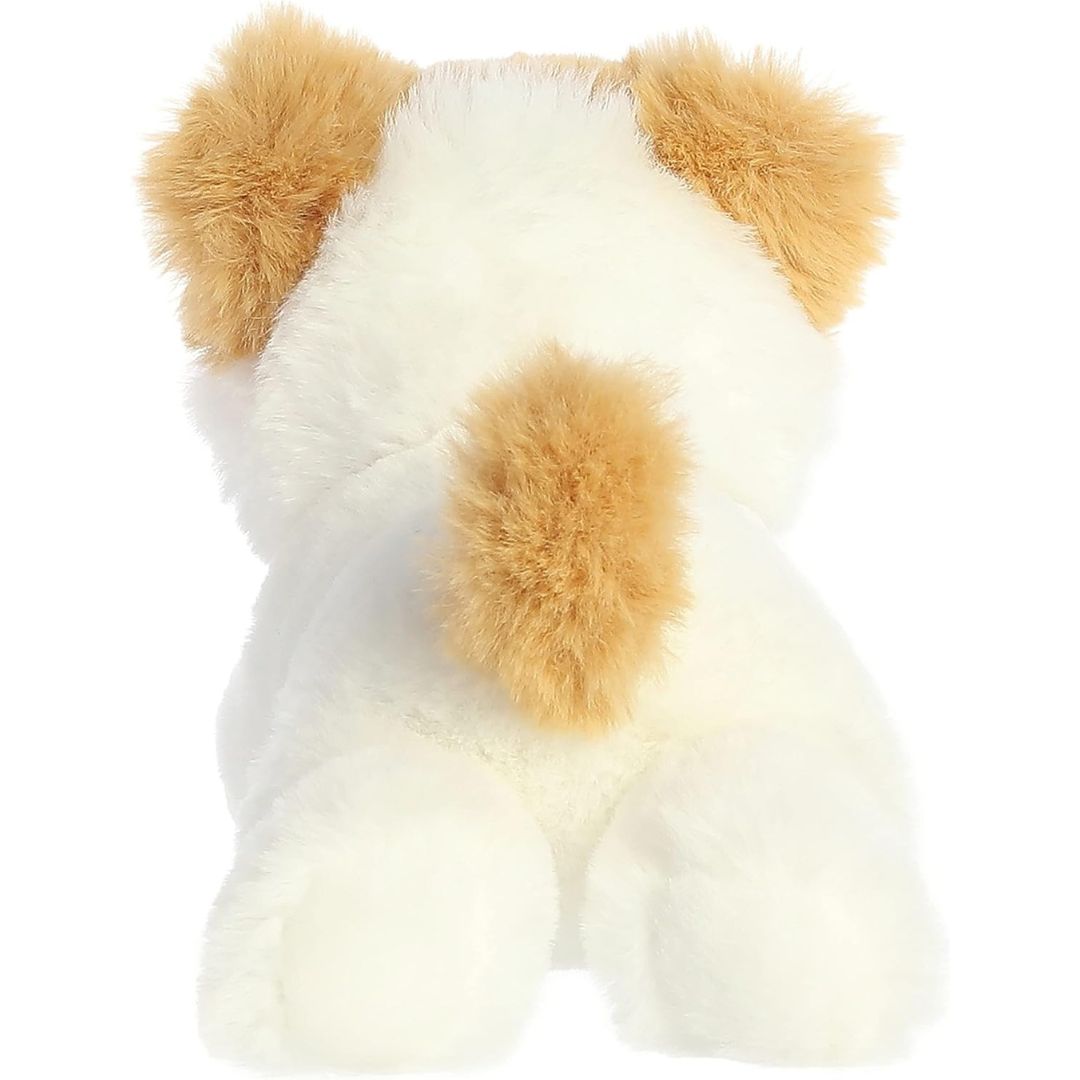 Back view of the Mini Flopsie Pomeranian plush toy highlighting its fluffy tan tail curled over its white back.
