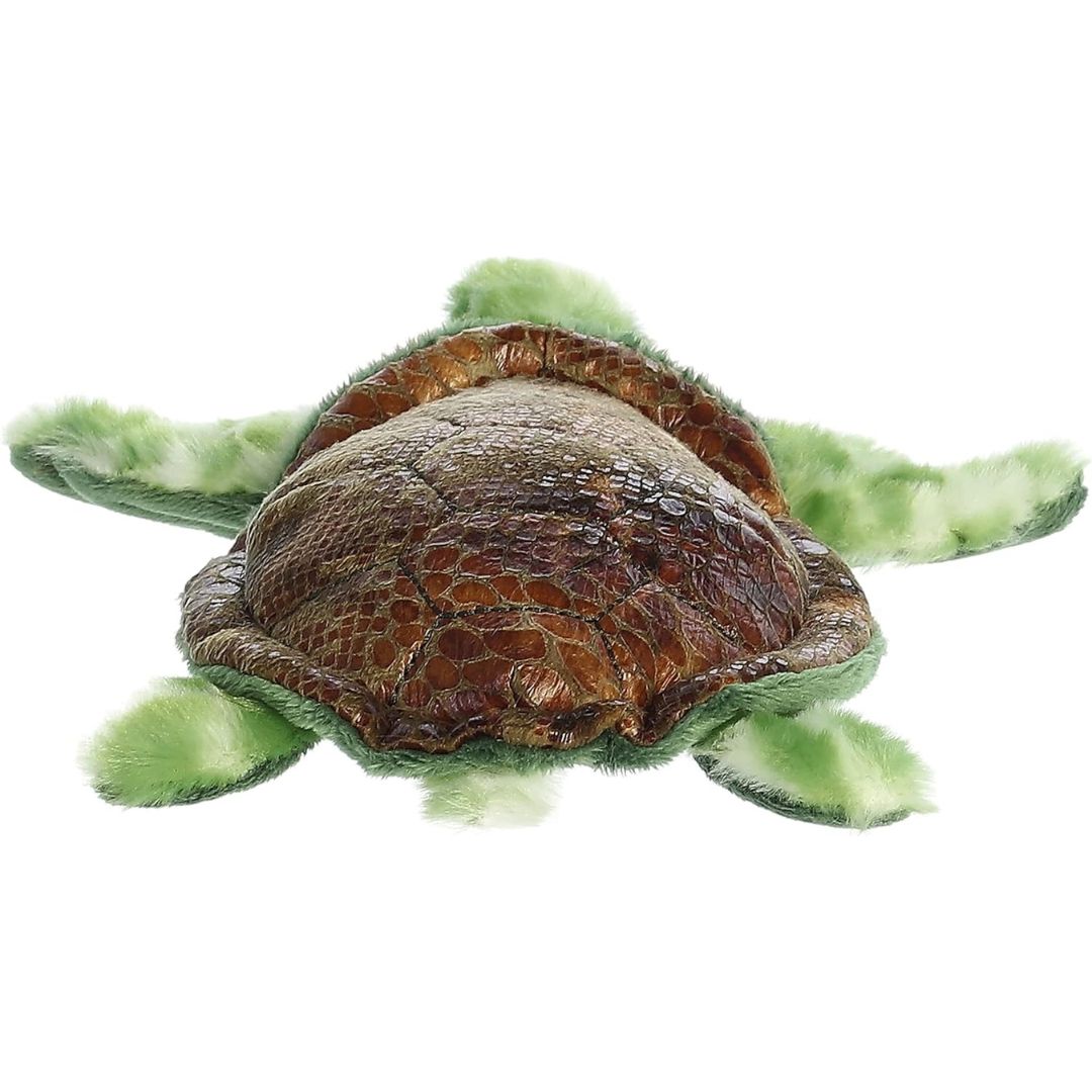 Top view of the Mini Flopsie Sea Turtle plush toy highlighting the textured details of its dark brown shell and green patterned skin.