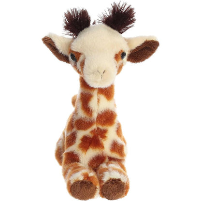 Straight-on front view of the soft giraffe plush showing its sweet cream-colored face, dark eyes, and fluffy tufted horns.
